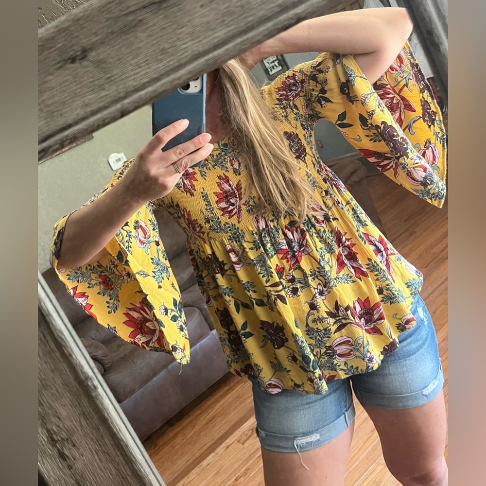 Angie Yellow Gold Bright Bold Floral Smocked Boho Hippie Chic Juniors L Top